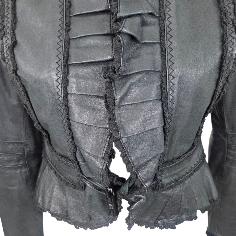 Vintage Y2K Black Leather Jacket Womens Small Ruffle Whimsygoth Romance Coquette - Picture 3 of 12
